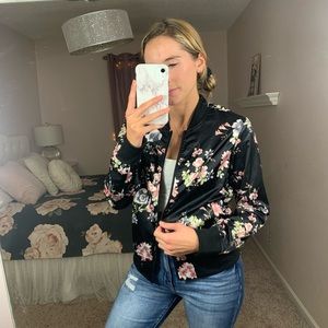Black Floral Bomber Style Zip Up Medium